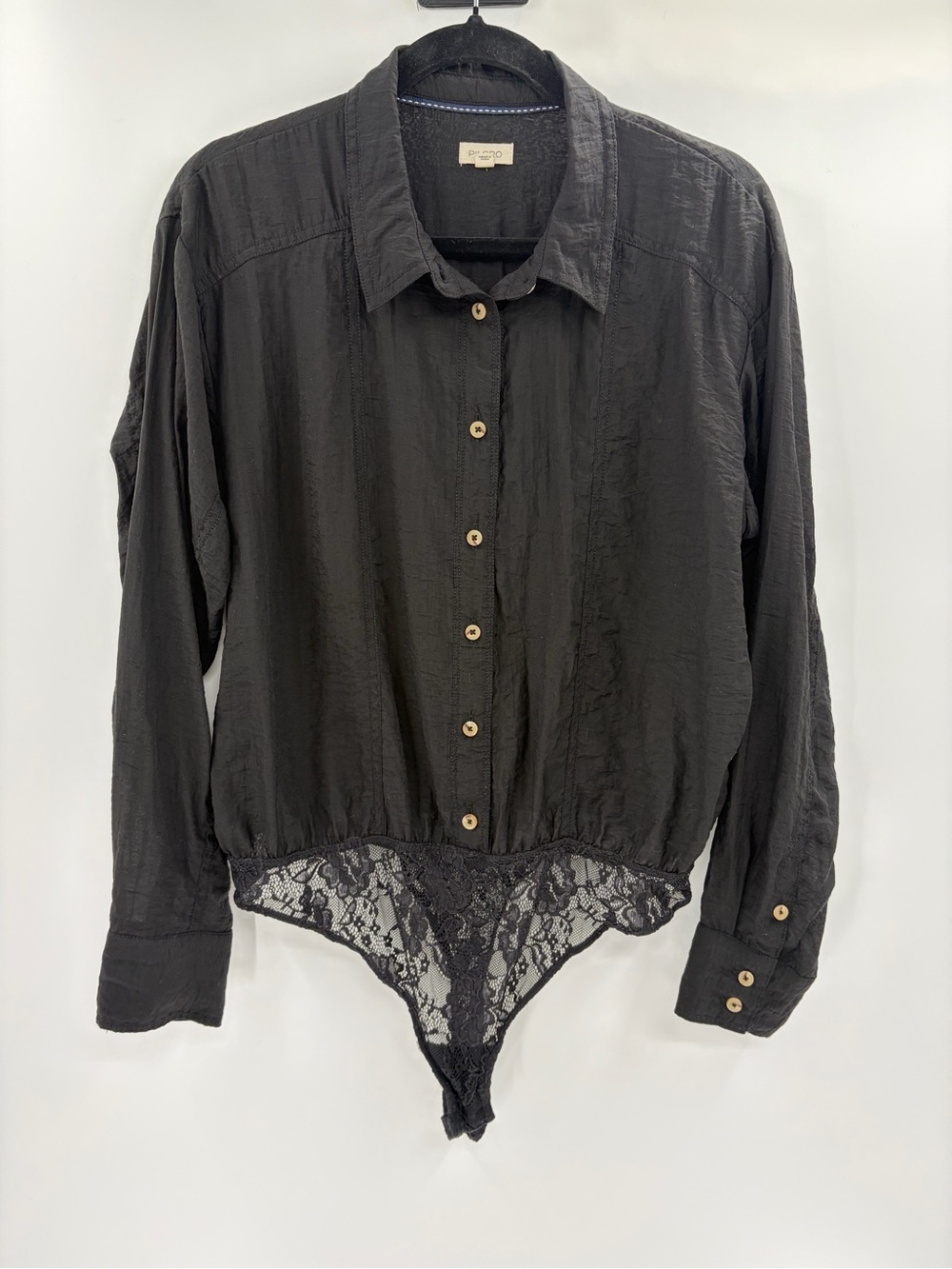 Anthropologie Pilcro black bohemian button up lace bodysuit long sleeve sz large